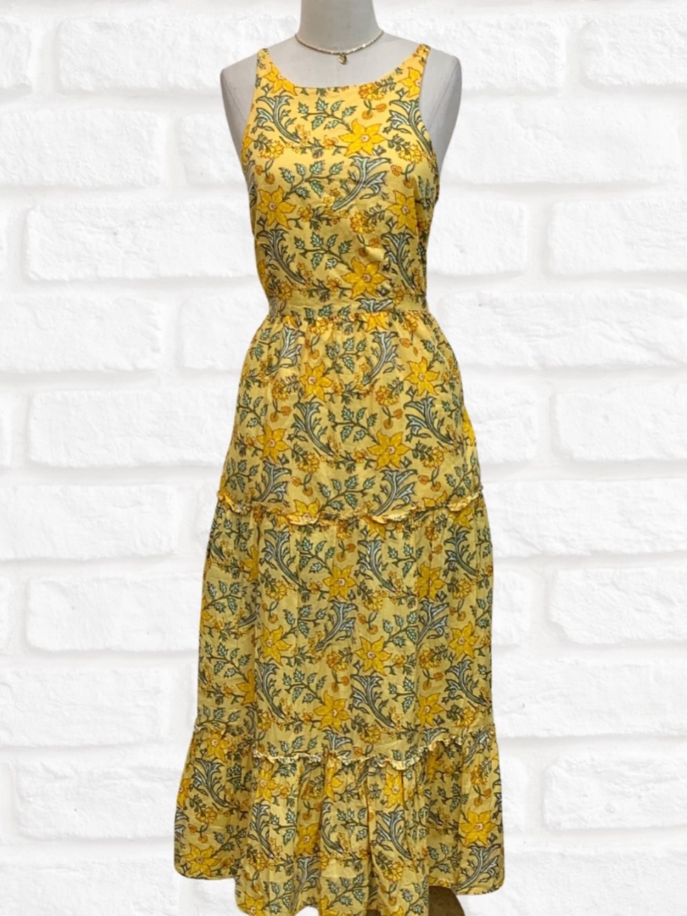 Mango Halter Neck Lace-Up Back Tiered Floral Maxi Dress in Yellow - Picture 11 of 13